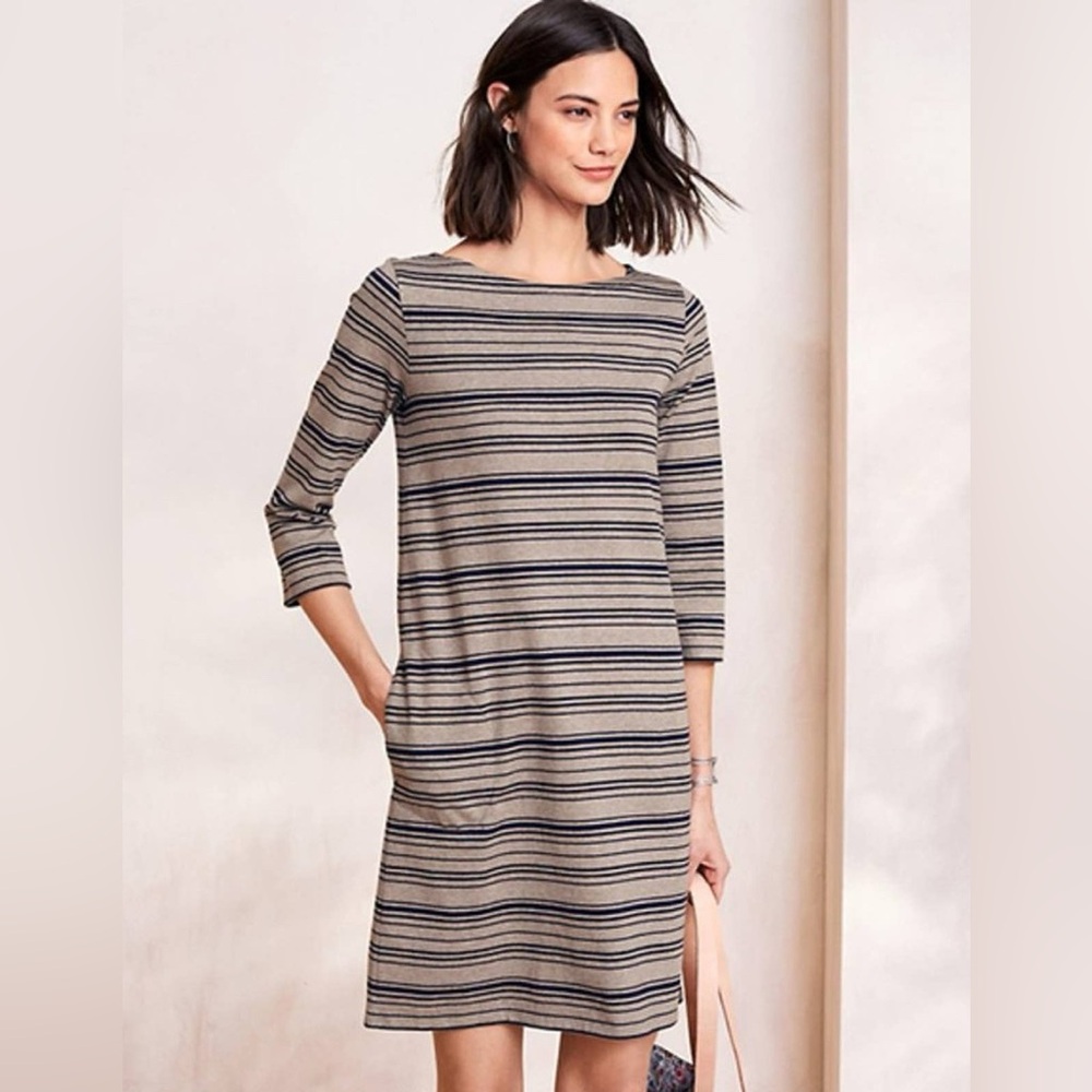 Garnet Hill Striped Organic Pima Cotton Dress Sz 10 Taupe Navy Pockets Coastal